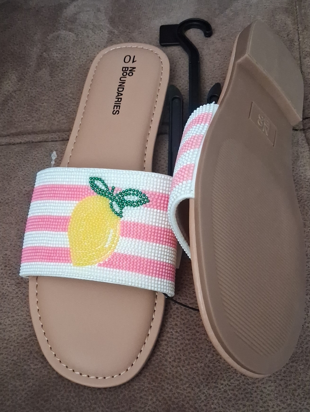 No Boundaries Pink, White & Yellow Lemon Beaded Slide Sandals Size 10